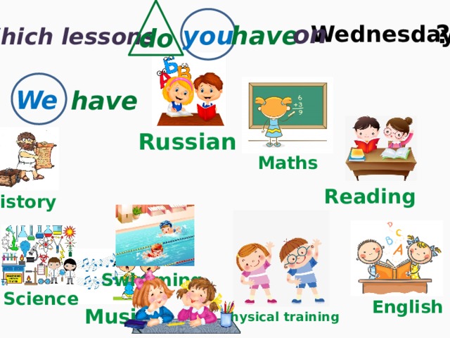 ? on you have Wednesday do Which lessons We have Russian Maths Reading History Swimming Science English Music Physical training Art 