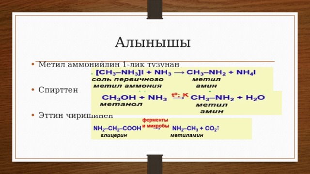 Алынышы Метил аммонийдин 1-лик тузунан Спирттен Эттин чиришинен 