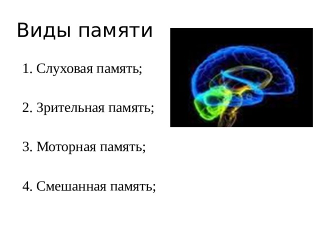 Виды памяти 1. Слуховая память; 2. Зрительная память; 3. Моторная память; 4. Смешанная память; 