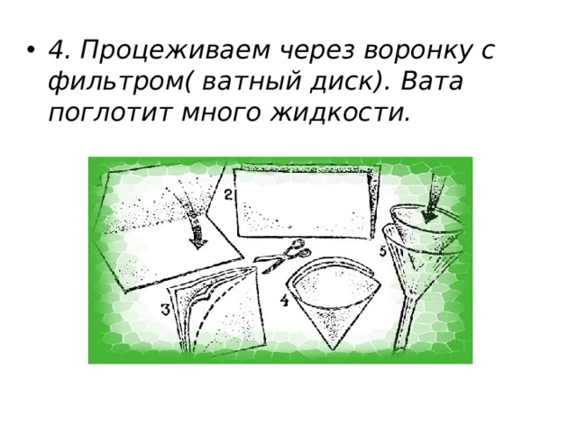 4. Процеживаем через воронку с фильтром( ватный диск). Вата поглотит много жидкости. 