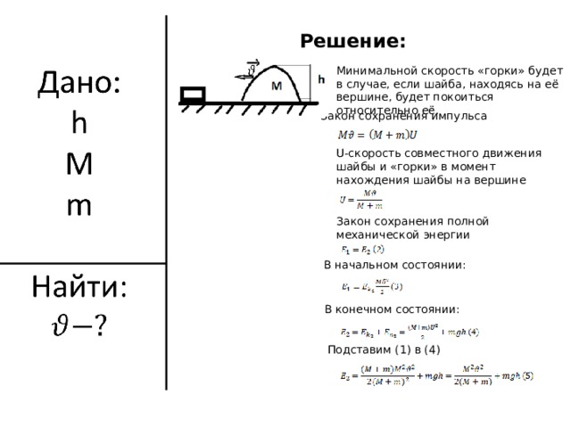 Решение: Минимальной скорость «горки» будет в случае, если шайба, находясь на её вершине, будет покоиться относительно её. Закон сохранения импульса U -скорость совместного движения шайбы и «горки» в момент нахождения шайбы на вершине «горки» Закон сохранения полной механической энергии В начальном состоянии: В конечном состоянии: Подставим (1) в (4) 