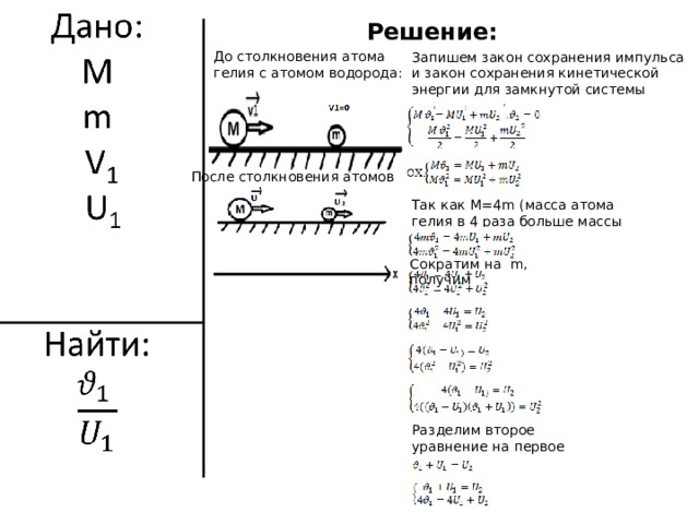Решение: До столкновения атома гелия с атомом водорода: Запишем закон сохранения импульса и закон сохранения кинетической энергии для замкнутой системы После столкновения атомов Так как M =4 m (масса атома гелия в 4 раза больше массы атома водорода) Сократим на m , получим Разделим второе уравнение на первое 