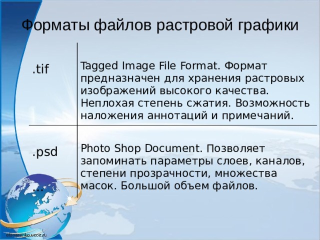Форматы файлов растровой графики .tif Tagged Image File Format. Формат предназначен для хранения растровых изображений высокого качества. Неплохая степень сжатия. Возможность наложения аннотаций и примечаний. .psd … Photo Shop Document. Позволяет запоминать параметры слоев, каналов, степени прозрачности, множества масок. Большой объем файлов. 