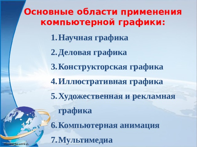 Основные области применения компьютерной графики:  Научная графика  Деловая графика  Конструкторская графика  Иллюстративная графика  Художественная и рекламная графика  Компьютерная анимация  Мультимедиа 