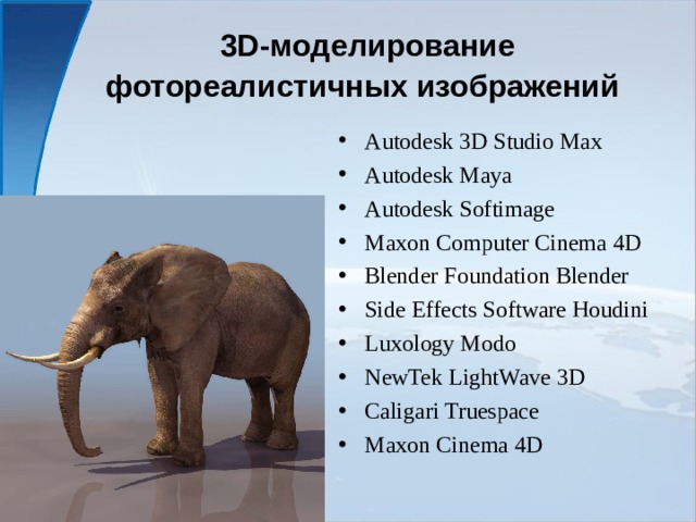 3D-моделирование фотореалистичных изображений  Autodesk 3D Studio Max Autodesk Maya Autodesk Softimage Maxon Computer Cinema 4D Blender Foundation Blender Side Effects Software Houdini Luxology Modo NewTek LightWave 3D Caligari Truespace Maxon Cinema 4D 
