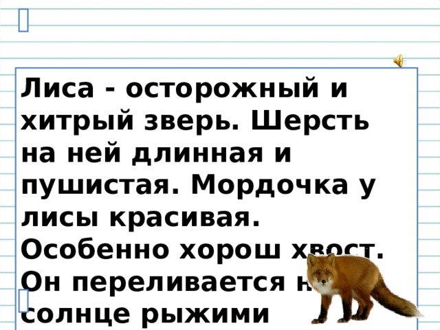 Длинный текст описание. Лиса осторожный и хитрый зверь. Лиса хитрый и осторожный зверь на ней длинная и пушистая шерсть. Лиса зверь хитрый и осторожный текст. Осторожная лиса.