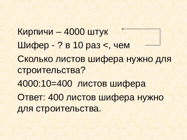 Кирпичи – 4000 штук Шифер - ? в 10 раз Сколько листов шифера нужно для строительства? 4000:10=400 листов шифера Ответ: 400 листов шифера нужно для строительства. 