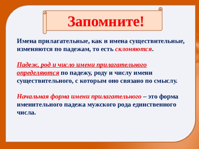 Запомните! Имена прилагательные, как и имена существительные, изменяются по падежам, то есть  склоняются .  Падеж, род и число имени прилагательного определяются  по падежу, роду и числу имени существительного, с которым оно связано по смыслу.  Начальная форма имени прилагательного  – это форма именительного падежа мужского рода единственного числа. 