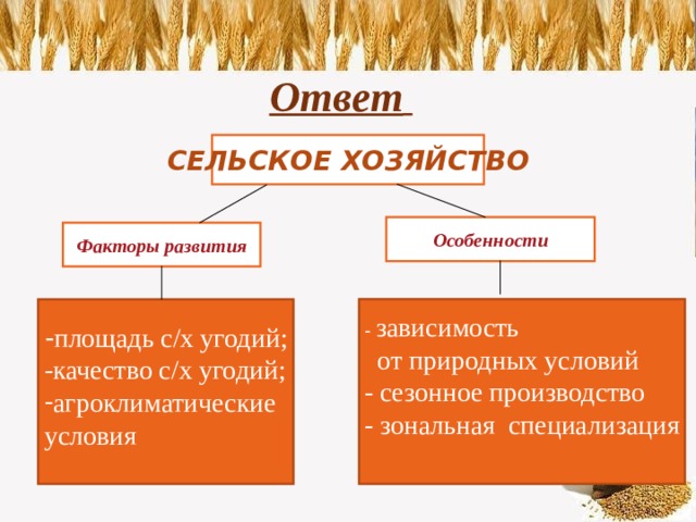 Укажите на схеме факторы влияющие на развитие сельского хозяйства и особенности отличающие