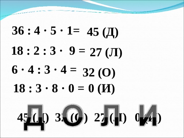36 : 4 · 5 · 1= 45 (Д) 18 : 2 : 3 · 9 = 27 (Л) 6 · 4 : 3 · 4 = 32 (О) 18 : 3 · 8 · 0 = 0 (И) 45 (Д) 32 (О) 27 (Л) 0 (И)