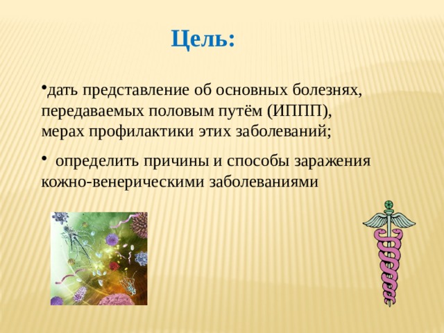 Цель: дать представление об основных болезнях, передаваемых половым путём (ИППП), мерах профилактики этих заболеваний;  определить причины и способы заражения кожно-венерическими заболеваниями 