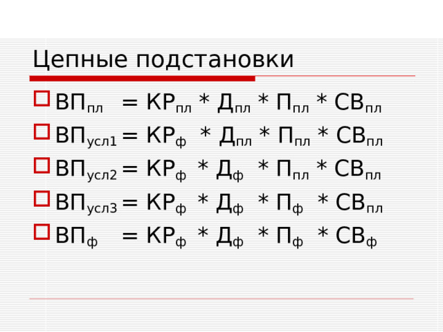Цепные подстановки ВП пл  = КР пл * Д пл * П пл * СВ пл ВП усл1  = КР ф * Д пл * П пл * СВ пл ВП усл2  = КР ф * Д ф * П пл * СВ пл ВП усл3  = КР ф * Д ф * П ф * СВ пл ВП ф  = КР ф * Д ф * П ф * СВ ф 