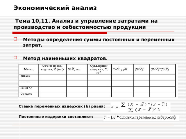 Экономический анализ   Тема 10,11. Анализ и управление затратами на производство и себестоимостью продукции Методы определения суммы постоянных и переменных затрат.  Метод наименьших квадратов .  Ставка переменных издержек ( b) равна: Постоянные издержки составляют: 