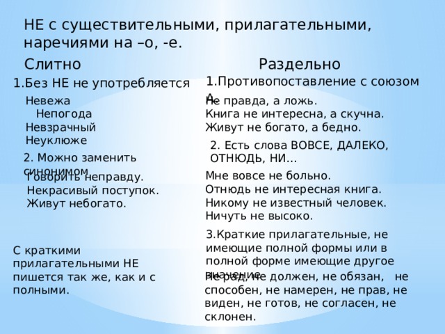 НЕ с существительными, прилагательными, наречиями на –о, -е. Раздельно Слитно 1.Противопоставление с союзом А . 1.Без НЕ не употребляется Не правда, а ложь. Невежа Непогода Книга не интересна, а скучна. Невзрачный Живут не богато, а бедно. Неуклюже 2. Есть слова ВОВСЕ, ДАЛЕКО, ОТНЮДЬ, НИ… 2. Можно заменить синонимом Мне вовсе не больно. Отнюдь не интересная книга. Никому не известный человек. Ничуть не высоко. Говорить неправду. Некрасивый поступок. Живут небогато. 3.Краткие прилагательные, не имеющие полной формы или в полной форме имеющие другое значение С краткими прилагательными НЕ пишется так же, как и с полными. Не рад, не должен, не обязан, не способен, не намерен, не прав, не виден, не готов, не согласен, не склонен. 