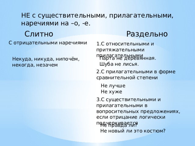 НЕ с существительными, прилагательными, наречиями на –о, -е. Слитно Раздельно С отрицательными наречиями 1.С относительными и притяжательными прилагательными Парта не деревянная. Шуба не лисья. Некуда, никуда, нипочём, некогда, незачем 2.С прилагательными в форме сравнительной степени Не лучше Не хуже 3.С существительными и прилагательными в вопросительных предложениях, если отрицание логически подчеркивается Не правда ли? Не новый ли это костюм? 