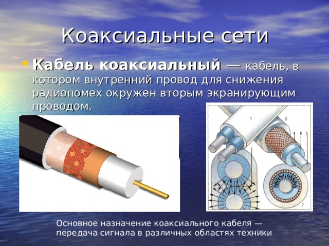 Кабель коаксиальный кабель, в котором внутренний провод для снижения радиопомех окружен вторым экранирующим проводом. Основное назначение коаксиального кабеля — передача сигнала в различных областях техники 