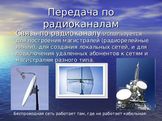 используется для построения магистралей (радиорелейные линии), для создания локальных сетей, и для подключения удаленных абонентов к сетям и магистралям разного типа. Беспроводная сеть работает там, где не работает кабельная. 