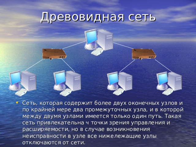 Сеть, которая содержит более двух оконечных узлов и по крайней мере два промежуточных узла, и в которой между двумя узлами имеется только один путь. Такая сеть привлекательна ч точки зрения управления и расширяемости, но в случае возникновения неисправности в узле все нижележащие узлы отключаются от сети. 