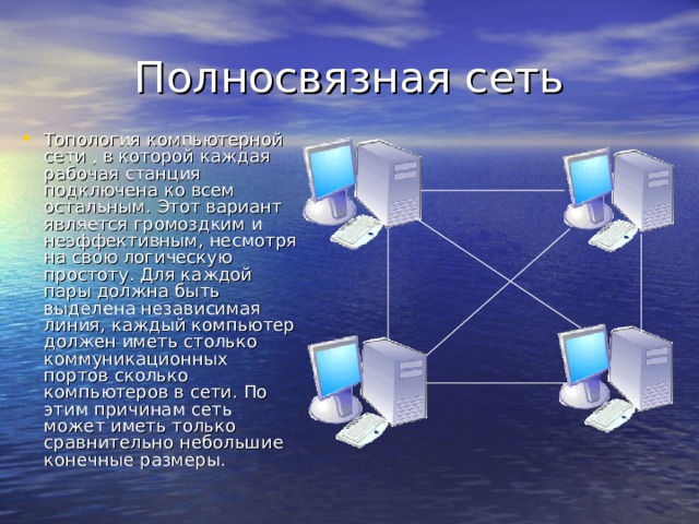 Полносвязная сеть Топология компьютерной сети , в которой каждая рабочая станция подключена ко всем остальным. Этот вариант является громоздким и неэффективным, несмотря на свою логическую простоту. Для каждой пары должна быть выделена независимая линия, каждый компьютер должен иметь столько коммуникационных портов сколько компьютеров в сети. По этим причинам сеть может иметь только сравнительно небольшие конечные размеры. 