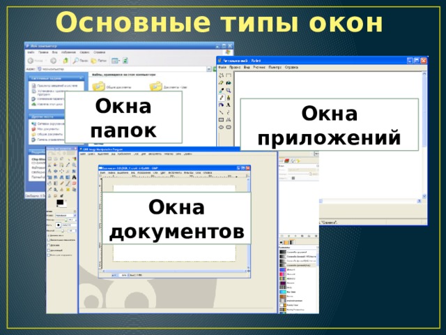 Основные типы окон Окна папок Окна приложений Окна документов 
