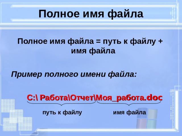 Полное имя файла Полное имя файла = путь к файлу + имя файла Пример полного имени файла:  С:\ Работа\Отчет\Моя_работа. doc путь к файлу имя файла 