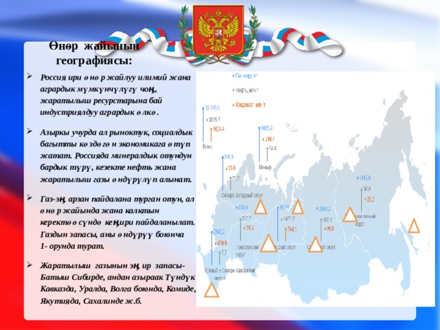 Өнөр жайынын географиясы: Россия ири өнөр жайлуу илимий жана агрардык мүмкүнчүлүгү чоӊ, жаратылыш ресурстарына бай индустриялдуу агрардык өлкө. Азыркы учурда ал рыноктук, социалдык багытты көздөгөн экономикага өтүп жатат. Россияда минералдык отундун бардык түрү, кезекте нефть жана жаратылыш газы өндүрүлүп алынат. Газ-эӊ арзан пайдалана турган отун, ал өнөр жайында жана калктын керектөөсүндө кеӊири пайдаланылат. Газдын запасы, аны өндүрүү боюнча 1- орунда турат. Жаратылыш газынын эӊ ир запасы-Батыш Сибирде, андан азыраак Түндүк Кавказда, Уралда, Волга боюнда, Комиде, Якутияда, Сахалинде ж.б. 