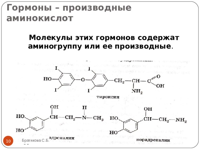 Гормоны – производные аминокислот  Молекулы этих гормонов содержат аминогруппу или ее производные . Братякова С.Б.  
