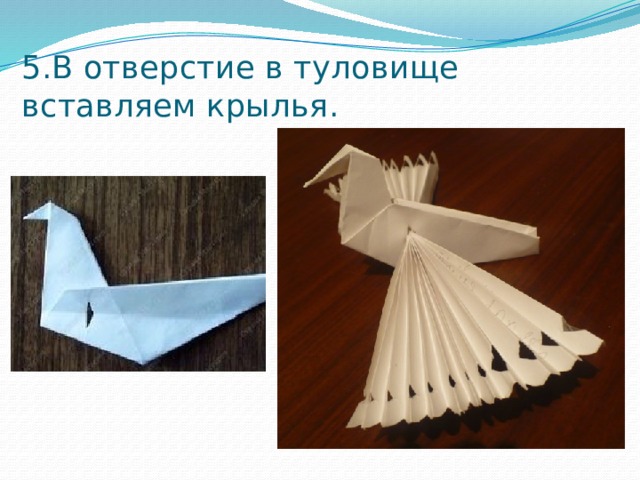5.В отверстие в туловище вставляем крылья. 