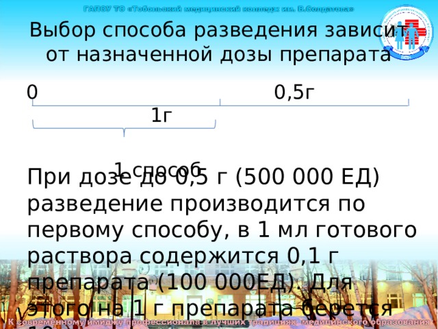 Выбор способа разведения зависит от назначенной дозы препарата 0 0,5г 1г  1 способ При дозе до 0,5 г (500 000 ЕД) разведение производится по первому способу, в 1 мл готового раствора содержится 0,1 г препарата (100 000ЕД). Для этого на 1 г препарата берется 10 мл растворителя. Существует два правила разведения антибиотиков. Первое правило (1:1) – разводят из расчёта, чтобы в 1мл раствора содержалось 100000ЕД или 0,1 г (100 мг) препарата.  