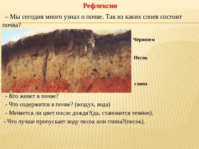 Рефлексия    – Мы сегодня много узнал о почве. Так из каких слоев состоит почва?  - Кто живет в почве?  - Что содержится в почве? (воздух, вода)  - Меняется ли цвет после дождя?(да, становится темнее).  - Что лучше пропускает воду песок или глина?(песок). Чернозем Песок глина  