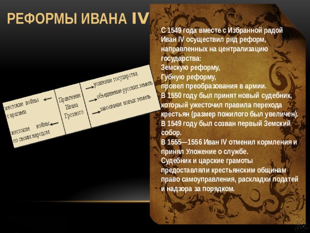 Реформы Ивана IV С 1549 года вместе с Избранной радой Иван IV осуществил ряд реформ, направленных на централизацию государства: Земскую реформу, Губную реформу, провел преобразования в армии. В 1550 году был принят новый судебник, который ужесточил правила перехода крестьян (размер пожилого был увеличен). В 1549 году был созван первый Земский собор. В 1555—1556 Иван IV отменил кормления и принял Уложение о службе. Судебник и царские грамоты предоставляли крестьянским общинам право самоуправления, раскладки податей и надзора за порядком. 