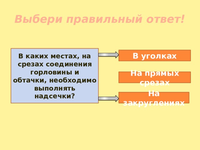 Выбери правильный ответ! В каких местах, на срезах соединения горловины и обтачки, необходимо выполнять надсечки? В уголках На прямых срезах На закруглениях 