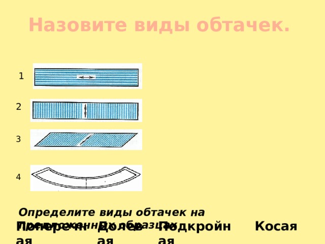 Назовите виды обтачек. 1 2 3 4 Определите виды обтачек на предложенных образцах Поперечная Долевая Косая Подкройная 