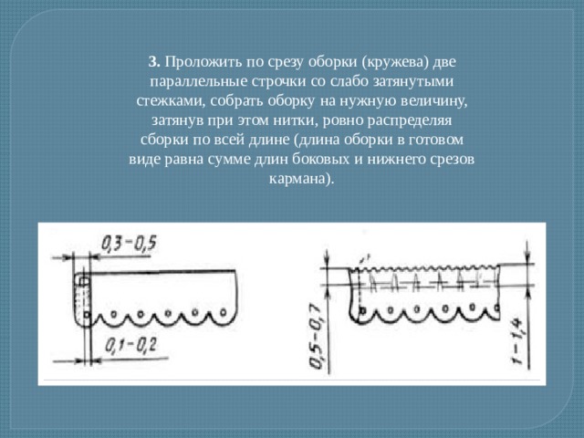 3.  Проложить по срезу оборки (кружева) две параллельные строчки со слабо затянутыми стежками, собрать оборку на нужную величину, затянув при этом нитки, ровно распределяя сборки по всей длине (длина оборки в готовом виде равна сумме длин боковых и нижнего срезов кармана). 