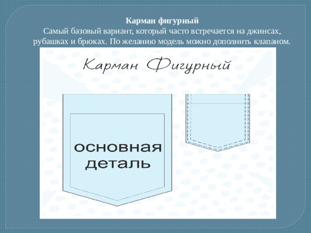 Карман фигурный Самый базовый вариант, который часто встречается на джинсах, рубашках и брюках. По желанию модель можно дополнить клапаном. 