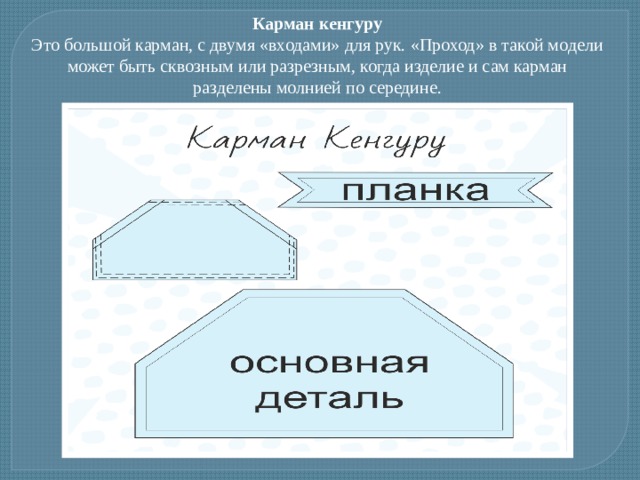 Карман кенгуру Это большой карман, с двумя «входами» для рук. «Проход» в такой модели может быть сквозным или разрезным, когда изделие и сам карман разделены молнией по середине. 