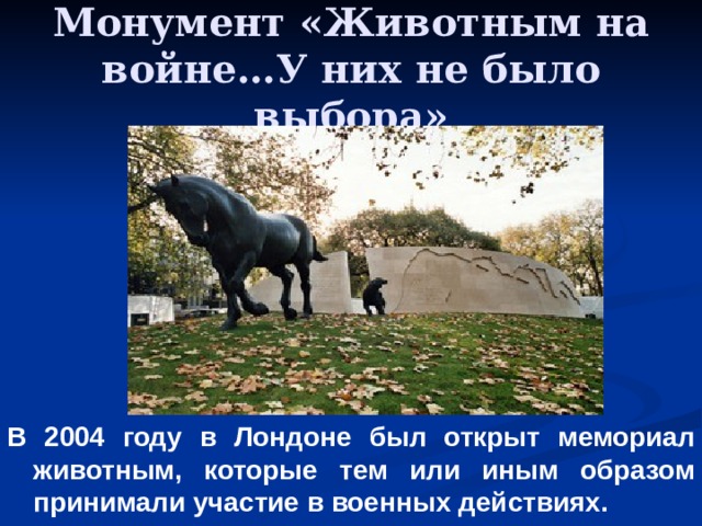 Монумент «Животным на войне…У них не было выбора» В 2004 году в Лондоне был открыт мемориал животным, которые тем или иным образом принимали участие в военных действиях. 