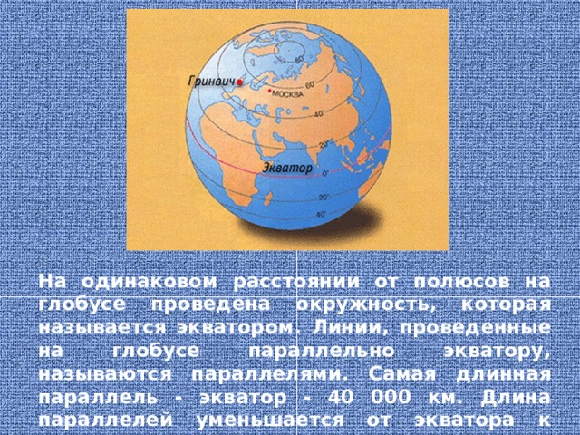 На одинаковом расстоянии от полюсов на глобусе проведена окружность, которая называется экватором. Линии, проведенные на глобусе параллельно экватору, называются параллелями. Самая длинная параллель - экватор - 40 000 км. Длина параллелей уменьшается от экватора к полюсам. 