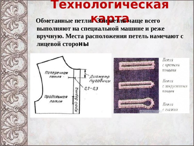 Технологическая карта  Обметанные петли.  Эти петли чаще всего выполняют на специальной машине и реже вручную. Места расположения петель намечают с лицевой сторо ны 