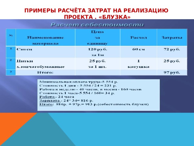 Примеры расчёта затрат на реализацию  проекта . «Блузка» 
