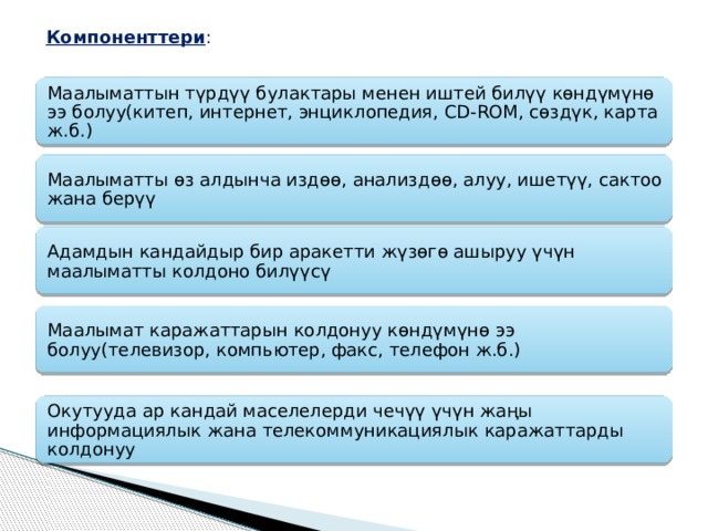 Компоненттери : Маалыматтын түрдүү булактары менен иштей билүү көндүмүнө ээ болуу(китеп, интернет, энциклопедия, СD-ROM, сөздүк, карта ж.б.) Маалыматты өз алдынча издөө, анализдөө, алуу, ишетүү, сактоо жана берүү Адамдын кандайдыр бир аракетти жүзөгө ашыруу үчүн маалыматты колдоно билүүсү Маалымат каражаттарын колдонуу көндүмүнө ээ болуу(телевизор, компьютер, факс, телефон ж.б.) Окутууда ар кандай маселелерди чечүү үчүн жаңы информациялык жана телекоммуникациялык каражаттарды колдонуу 