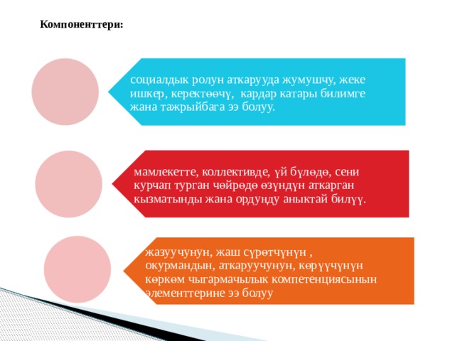 мамлекетте, коллективде, үй бүлөдө, сени курчап турган чөйрөдө өзүндүн аткарган кызматынды жана ордуңду аныктай билүү. социалдык ролун аткарууда жумушчу, жеке ишкер, керектөөчү, кардар катары билимге жана тажрыйбага ээ болуу. жазуучунун, жаш сүрөтчүнүн , окурмандын, аткаруучунун, көрүүчүнүн көркөм чыгармачылык компетенциясынын элементтерине ээ болуу Компоненттери: 