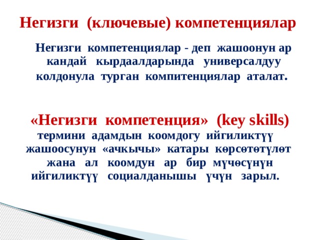 Негизги (ключевые) компетенциялар Негизги компетенциялар - деп жашоонун ар кандай кырдаалдарында универсалдуу колдонула турган компитенциялар аталат . «Негизги компетенция» (key skills)  термини адамдын коомдогу ийгиликтүү жашоосунун «ачкычы» катары көрсөтөтүлөт жана ал коомдун ар бир мүчөсүнүн ийгиликтүү социалданышы үчүн зарыл. 