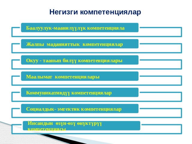 Негизги компетенциялар Баалуулук-маанилүүлүк компетенцияла Жалпы маданияттык компетенциялар Окуу - таанып билүү компетенциялары Маалымат компетенциялары Коммуникативдүү компетенциялар Социалдык- эмгектик компетенциялар Инсандын өзүн-өзү өнүктүрүү компетенциясы 