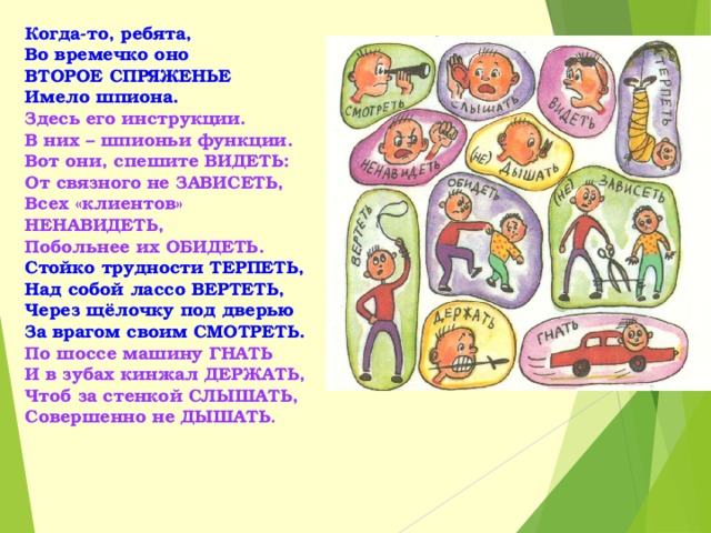Когда-то, ребята,  Во времечко оно  ВТОРОЕ СПРЯЖЕНЬЕ  Имело шпиона.  Здесь его инструкции.  В них – шпионьи функции.  Вот они, спешите ВИДЕТЬ:  От связного не ЗАВИСЕТЬ,  Всех «клиентов» НЕНАВИДЕТЬ,  Побольнее их ОБИДЕТЬ.  Стойко трудности ТЕРПЕТЬ,  Над собой лассо ВЕРТЕТЬ,  Через щёлочку под дверью  За врагом своим СМОТРЕТЬ.  По шоссе машину ГНАТЬ  И в зубах кинжал ДЕРЖАТЬ,  Чтоб за стенкой СЛЫШАТЬ,  Совершенно не ДЫШАТЬ . 