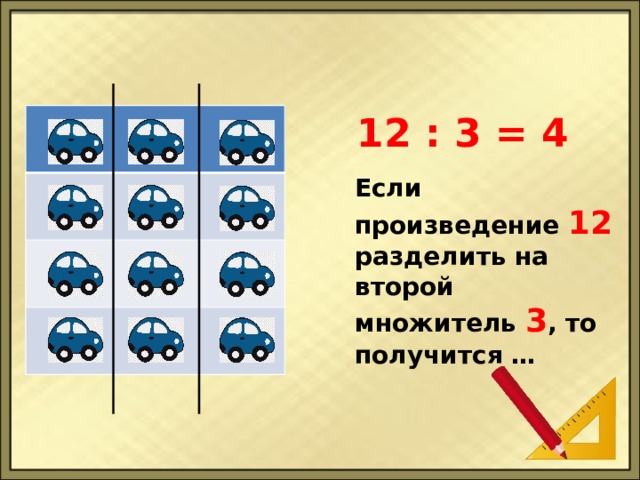 12 : 3 = 4 Если произведение 12 разделить на второй множитель 3 , то получится … 