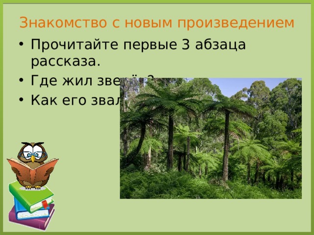 Знакомство с новым произведением Прочитайте первые 3 абзаца рассказа. Где жил зверёк? Как его звали? 