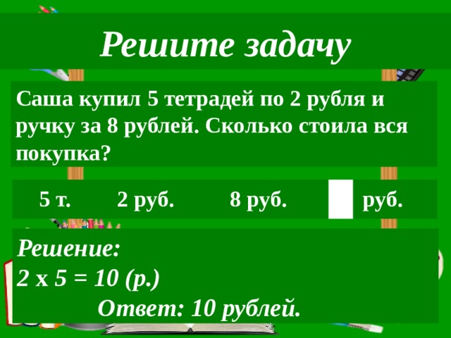 Решите задачу Саша купил 5 тетрадей по 2 рубля и ручку за 8 рублей. Сколько стоила вся покупка? 5 т. 2 руб. 8 руб.  руб. Решение: 2 х 5 = 10 (р.)  Ответ: 10 рублей. 