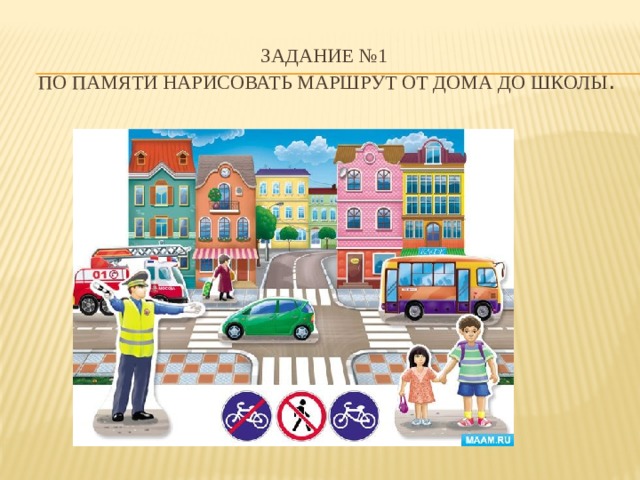 Задание №1  по памяти нарисовать маршрут от дома до школы . 