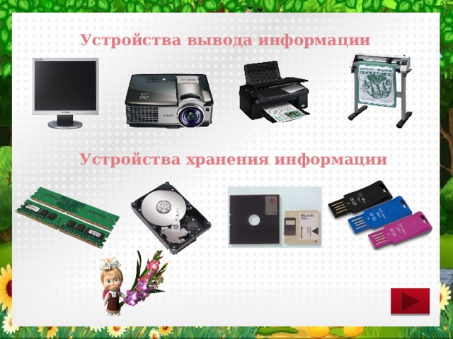 Устройства вывода информации Устройства хранения информации 